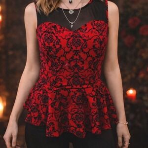 Bongo Red Black Damask Peplum Top Large Gothic Y2K Romantic Party
